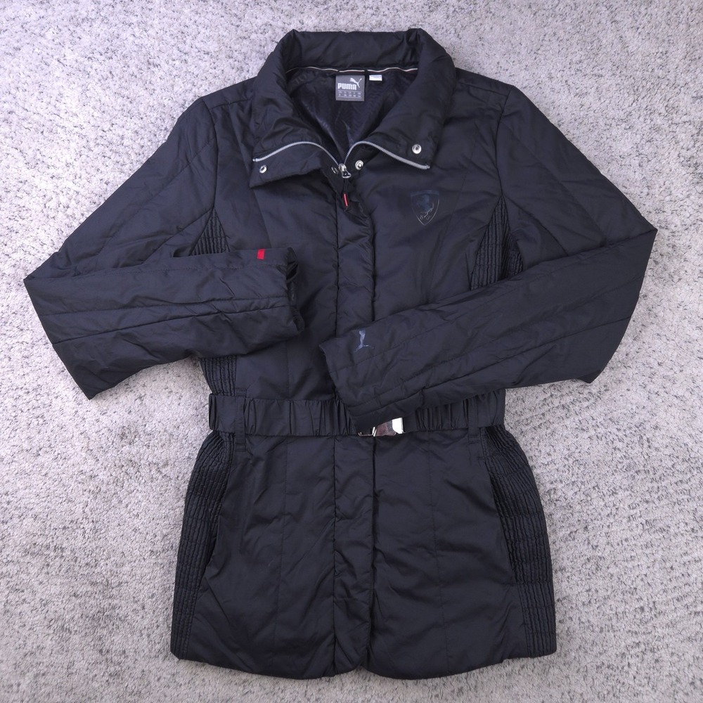 Puma Ferrari Jacket Womens Small Belted Insulated Black Full Zip Pockets Logo
